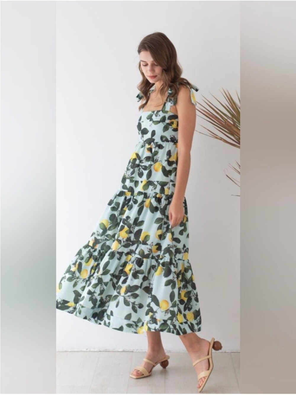 Chicwish Lemon Print Tiered Maxi Dress in Mint and Yellow